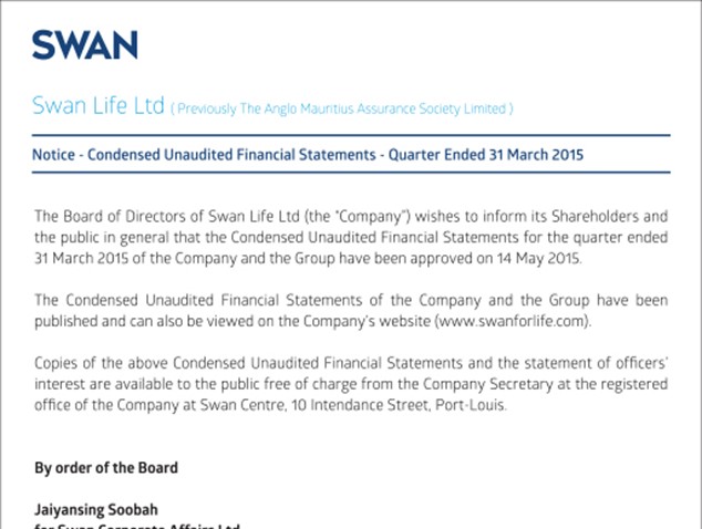 SWAN Lifel Ltd - Notice - Condensed Unaudited Financial Statements - Quarter Ended 31 March 2015