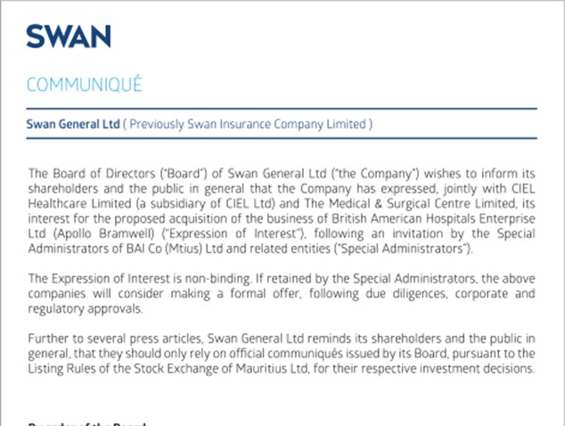 COMMUNIQUÉ - Swan General Ltd ( Previously Swan Insurance Company Limited )